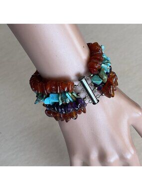 Multi Strand Gemstone Bracelet Slide Tube .925 Vintage Small Southwestern